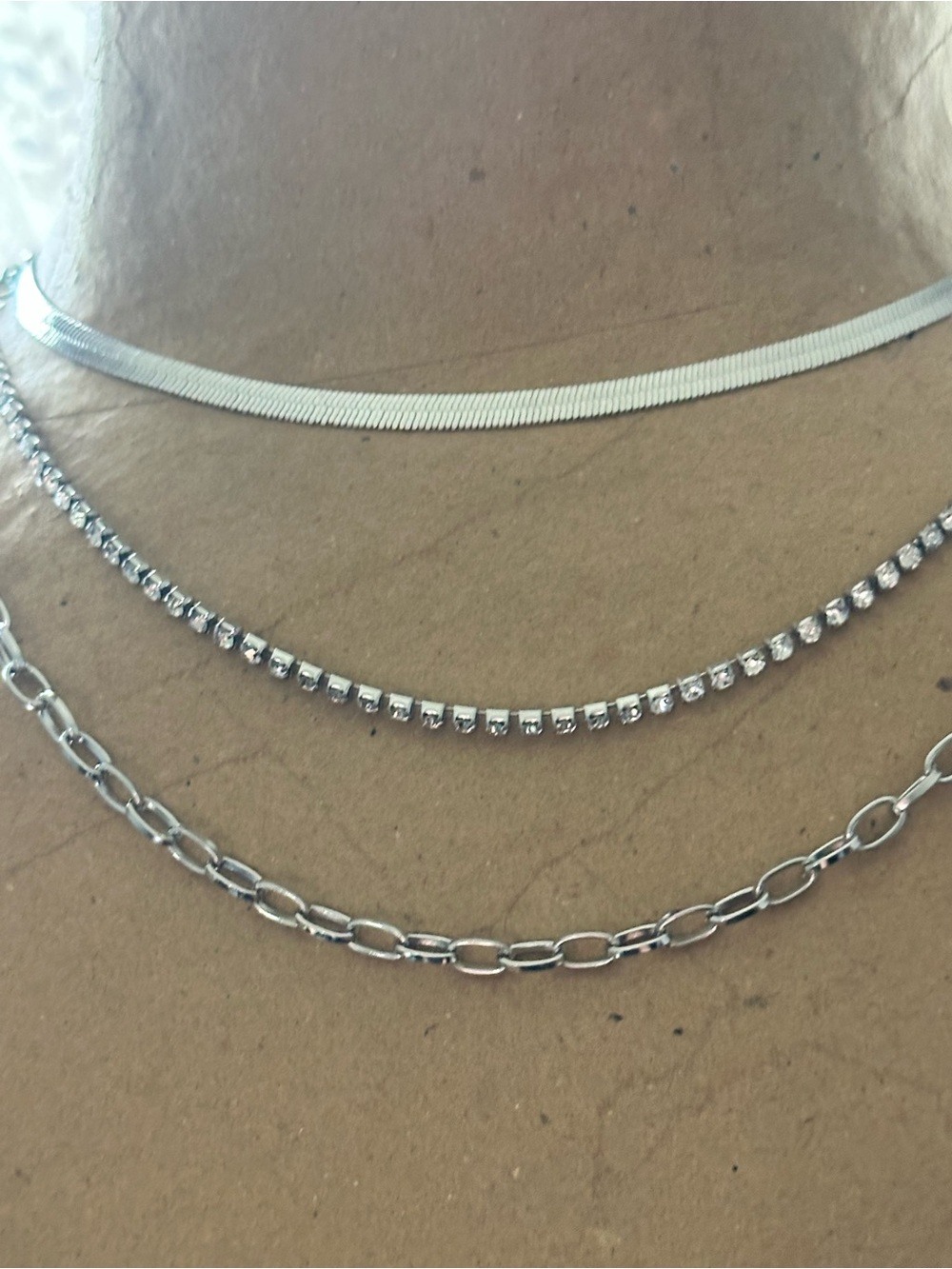Unlisted Silver Layered Necklace Trio - Herringbone, Tennis & Paperclip Chains